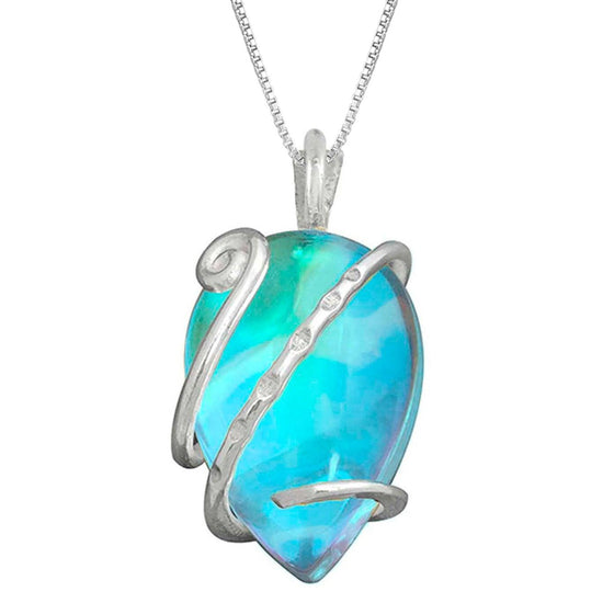 Single Wrap Pendant features a delicate sterling silver strand that beautifully wraps around a brilliant polished aqua crystal. The pendant includes an 18" sterling silver .7mm box chain.