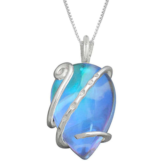 Single Wrap Pendant features a delicate sterling silver strand that beautifully wraps around a brilliant polished blue crystal. The pendant includes an 18" sterling silver .7mm box chain.
