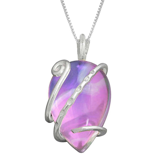 Single Wrap Pendant features a delicate sterling silver strand that beautifully wraps around a brilliant polished pink crystal. The pendant includes an 18" sterling silver .7mm box chain.