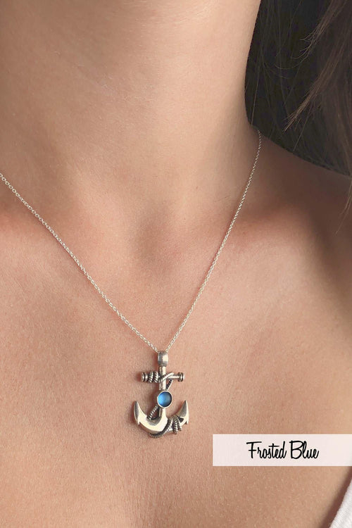 Sterling Silver-Frosted-Blue-Anchor Pendant-Necklace Charm-Leightworks-Crystal Jewelry