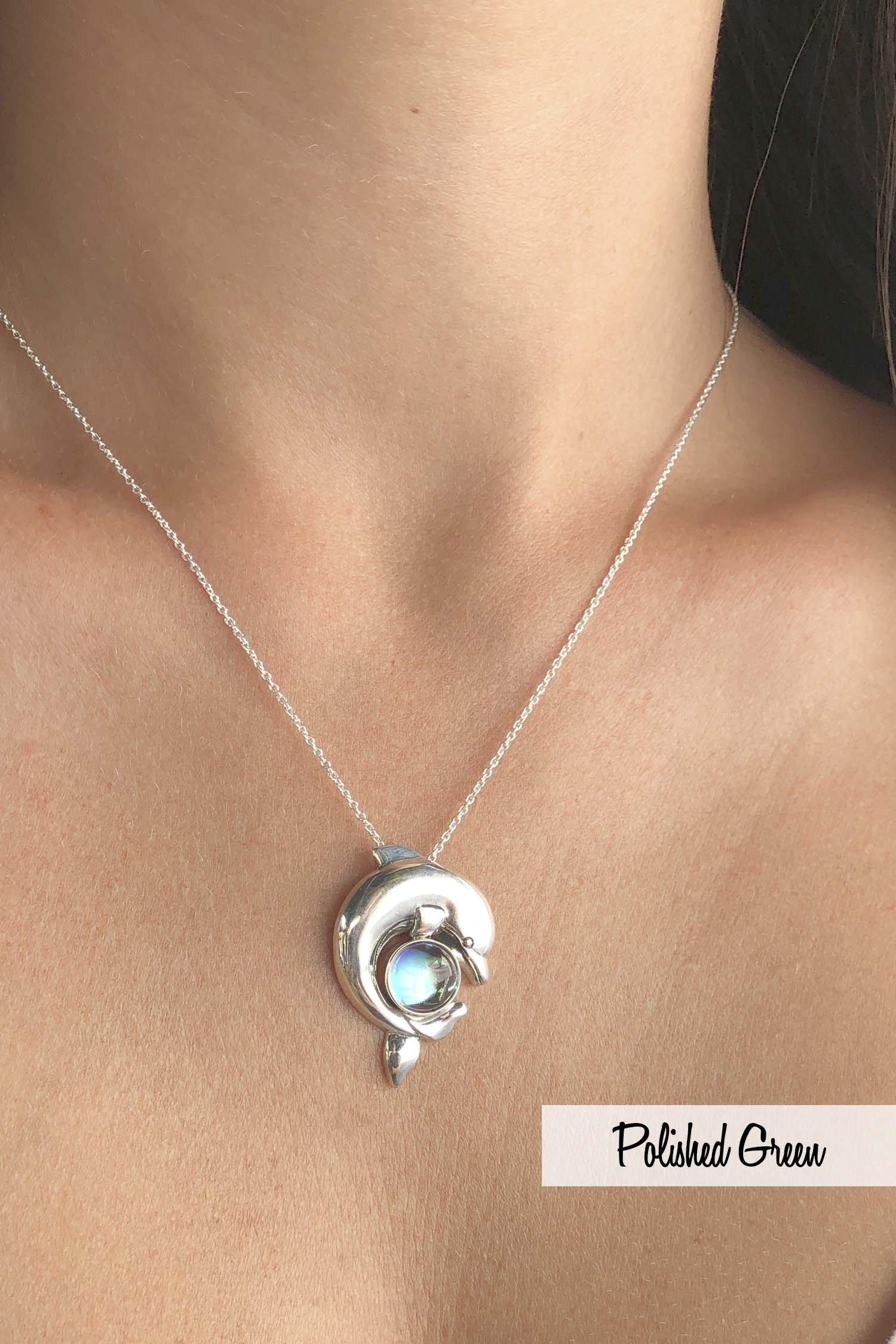 Handmade-Sterling Silver-Dolphin Pendant-Necklace Charm-Green-Polished-Leightworks-Crystal Jewelry-David Leight