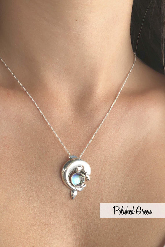 Handmade-Sterling Silver-Dolphin Pendant-Necklace Charm-Green-Polished-Leightworks-Crystal Jewelry-David Leight