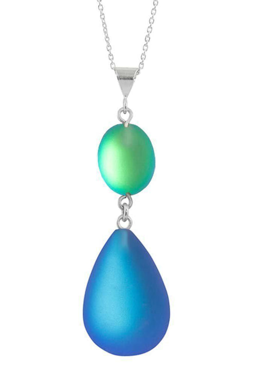 Handmade-Sterling Silver-Double Drop Pendant-Necklace Charm-Blue/Green-Frosted-Leightworks-Crystal Jewelry-David Leight