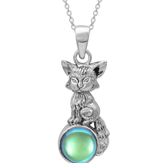 Sterling Silver-Fox Pendant-Necklace Charm-Green-Polished-Leightworks