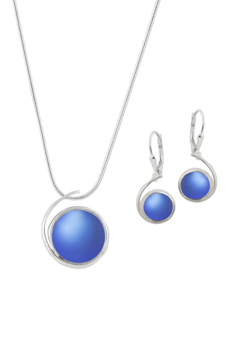 Sterling Silver-Large Wave pendant & Wave earrings set-blue-frosted-Leightworks