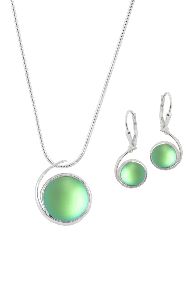 Sterling Silver-Large Wave pendant & Wave earrings set-green-frosted-Leightworks