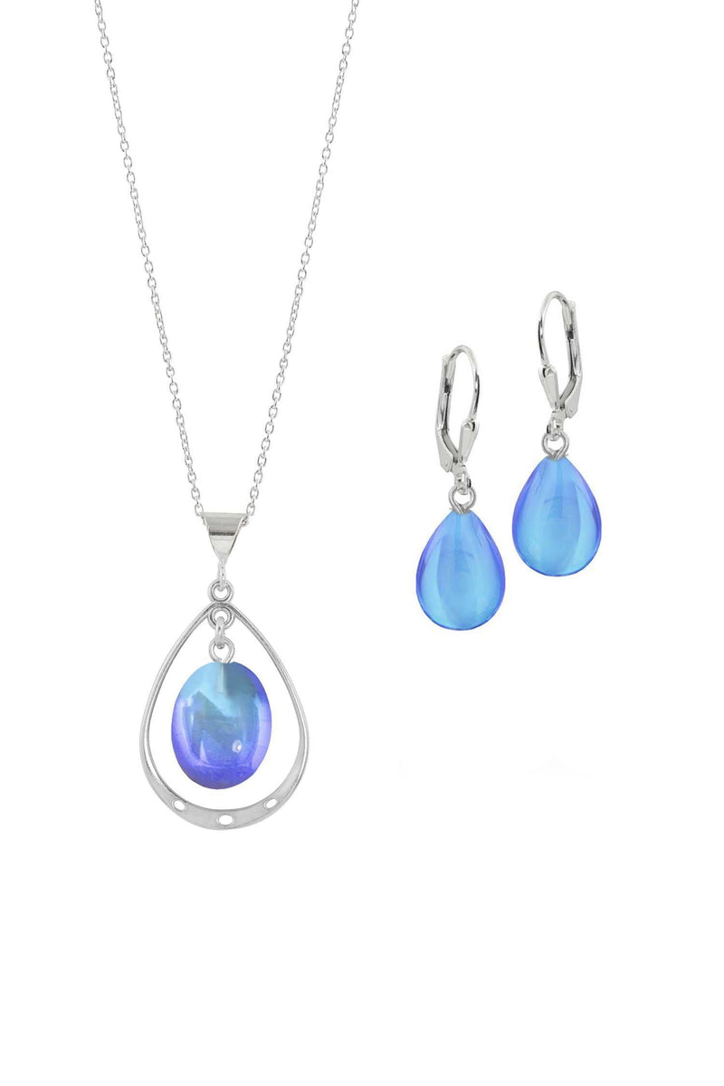 Sterling Silver-Oval with Loop Pendant & Drop Earrings-Blue-Polished-Leightworks
