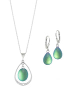 Sterling Silver-Oval with Loop Pendant & Drop Earrings-Green-Frosted-Leightworks
