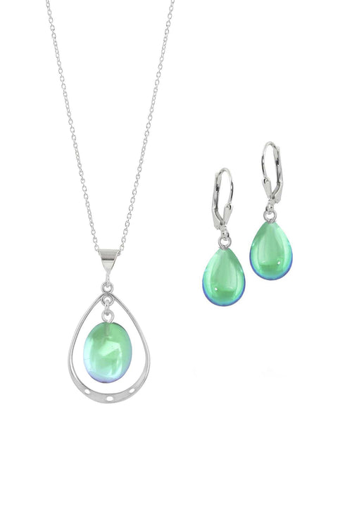 Sterling Silver-Oval with Loop Pendant & Drop Earrings-Green-Polished-Leightworks