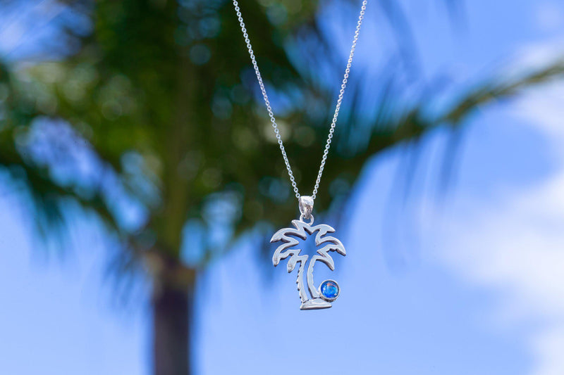 Sterling Silver-Palm Tree Pendant-Necklace Charm-Polished-blue-Leightworks-Crystal Jewelry-David Leight
