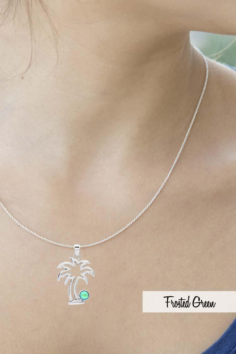 Sterling Silver-Palm Tree Pendant-Necklace Charm-Frosted-Green-Leightworks-Crystal Jewelry-David Leight