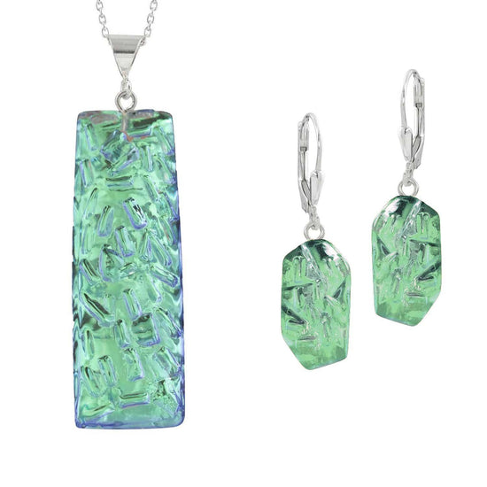 Sterling Silver-Rocky Rectangle pendant & Rocky earrings set-green-polished-Leightworks