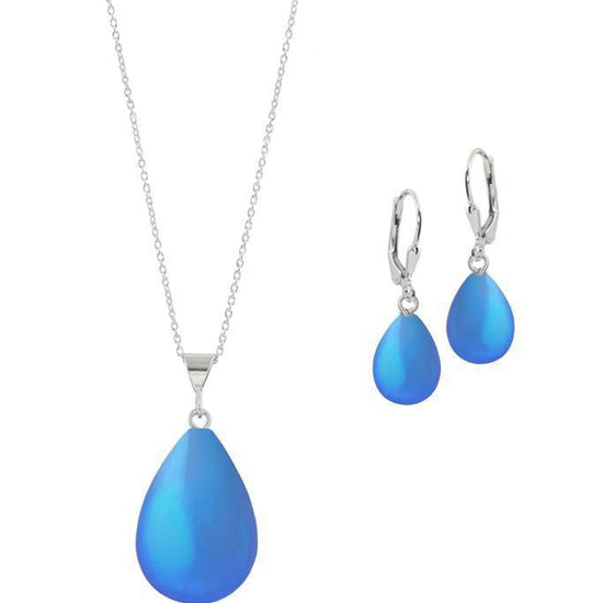Sterling Silver-Small Drop Pendant & Drop Earrings Set-Blue-Frosted-Leightworks