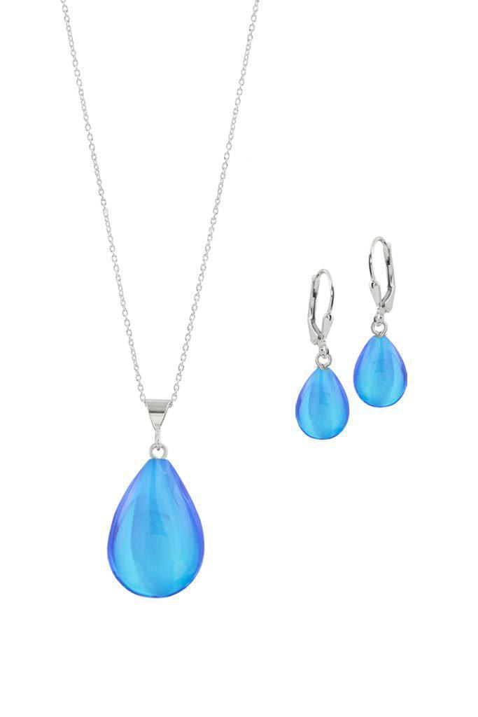 Sterling Silver-Small Drop Pendant & Drop Earrings Set-Blue-Polished-Leightworks