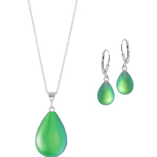 Sterling Silver-Small Drop Pendant & Drop Earrings Set-Green-Frosted-Leightworks