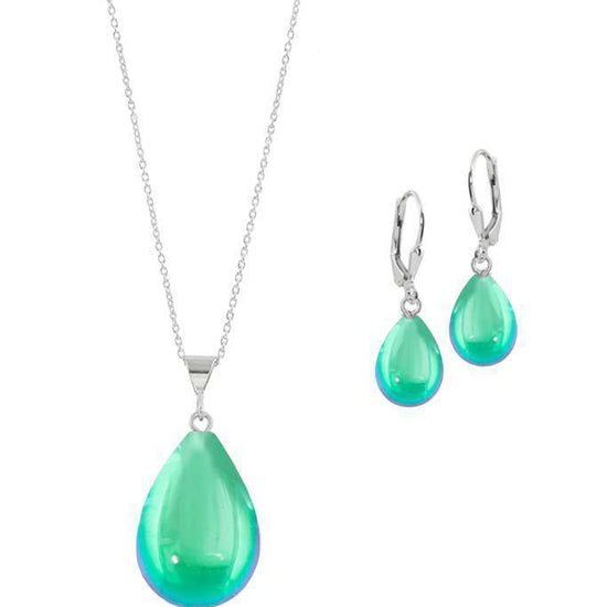 Sterling Silver-Small Drop Pendant & Drop Earrings Set-Green-Polished-Leightworks