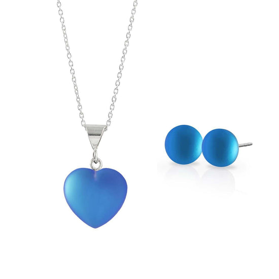 Sterling Silver-Small Heart Pendant & Stud Earrings Set-Blue-Frosted-Leightworks
