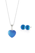 Sterling Silver-Small Heart Pendant & Stud Earrings Set-Blue-Frosted-Leightworks