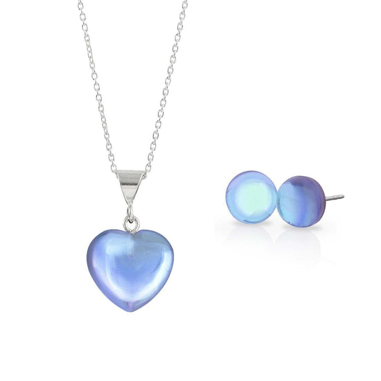 Sterling Silver-Small Heart Pendant & Stud Earrings Set-Blue-Polished-Leightworks