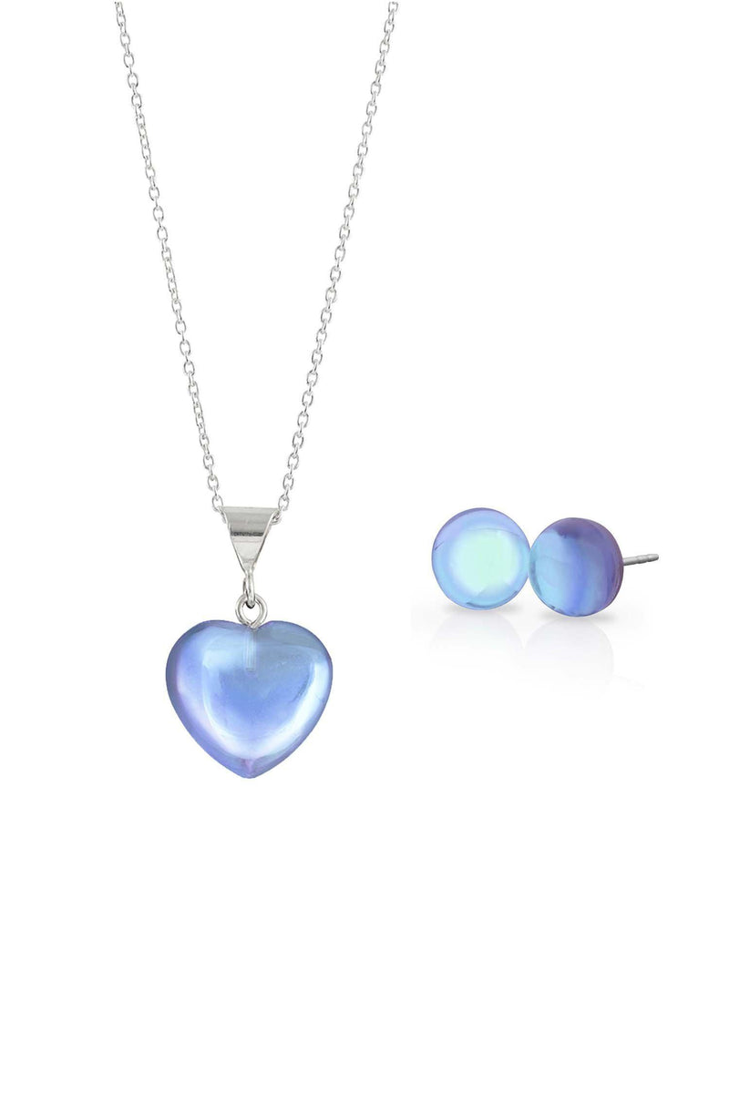 Sterling Silver-Small Heart Pendant & Stud Earrings Set-Blue-Polished-Leightworks