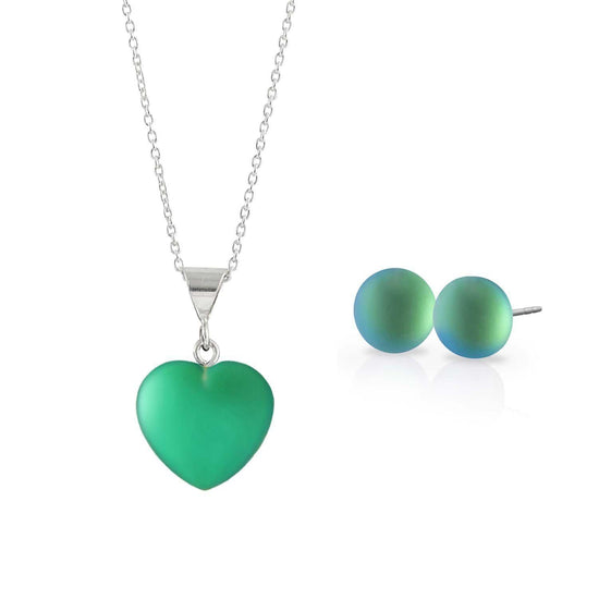 Sterling Silver-Small Heart Pendant & Stud Earrings Set-Green-Frosted-Leightworks