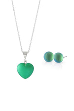 Sterling Silver-Small Heart Pendant & Stud Earrings Set-Green-Frosted-Leightworks