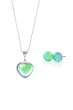 Sterling Silver-Small Heart Pendant & Stud Earrings Set-Green-Polished-Leightworks