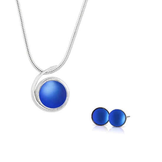 Sterling Silver-Small Wave pendant and Small stud earrings set-blue-frosted-Leightworks