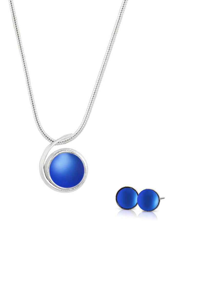 Sterling Silver-Small Wave pendant and Small stud earrings set-blue-frosted-Leightworks