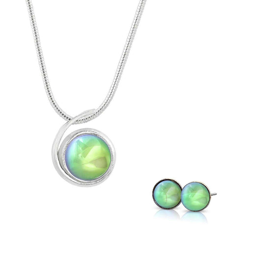 Sterling Silver-Small Wave pendant and Small stud earrings set-green-polished-Leightworks