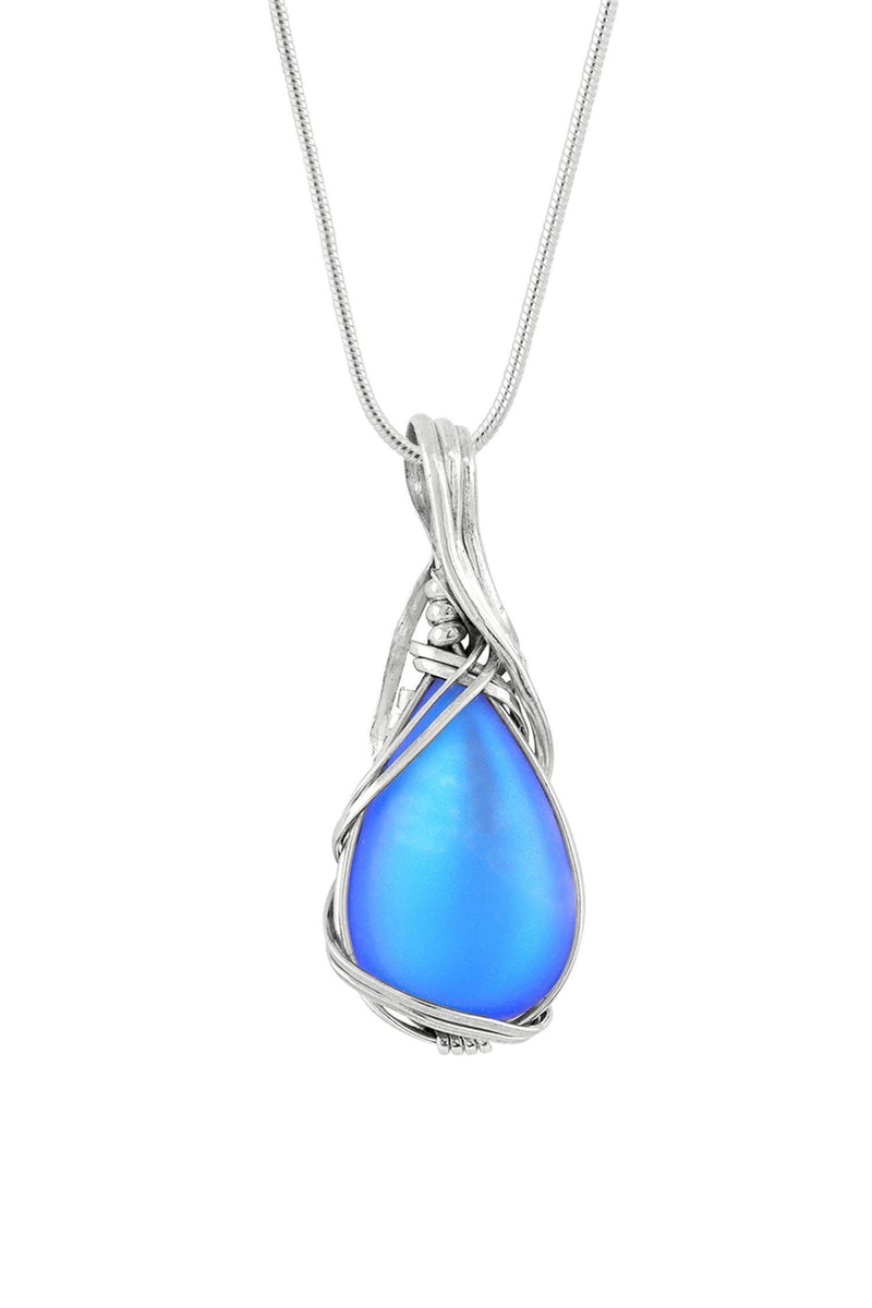 Sterling Silver-Wire Wrap Pendant-Necklace Charm-Blue-Frosted-Leightworks